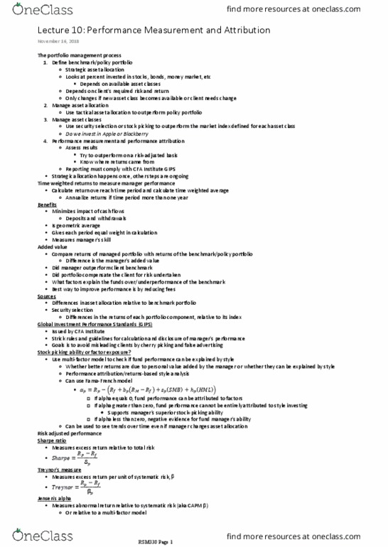 RSM330H1 Lecture Notes - Lecture 10: Stock Selection Criterion, Performance Measurement, Cfa Institute thumbnail