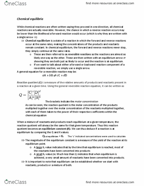 CHEM 203 Chapter Notes - Chapter 13: Reaction Quotient, Reversible Reaction, Equilibrium Constant thumbnail