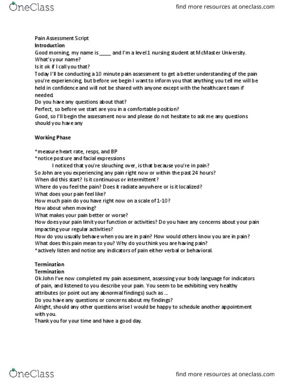 NURSING 1I02 Final: Pain Assessment Script - OneClass