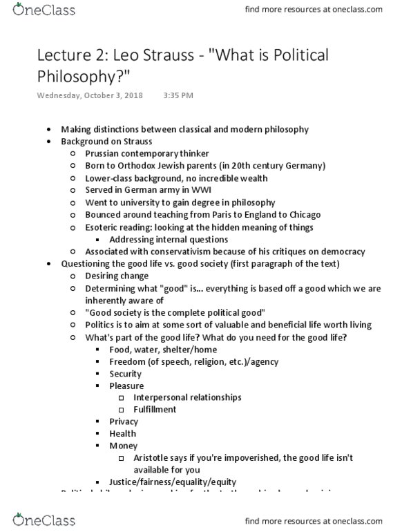 POL S 1 Lecture Notes - Lecture 2: Leo Strauss, Orthodox Judaism, Political Philosophy thumbnail