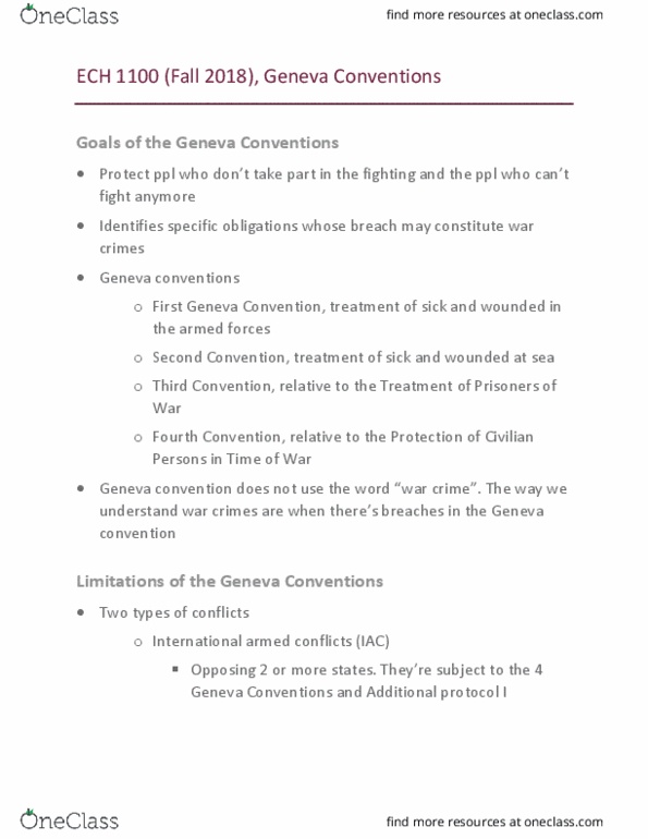 ECH 1100 Lecture Notes - Lecture 9: First Geneva Convention, Protocol I, Geneva Conventions thumbnail