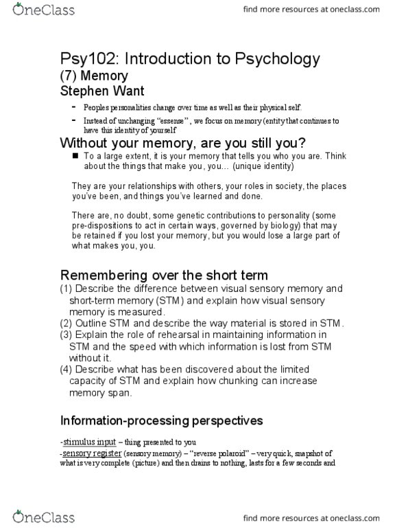 PSY 102 Lecture Notes - Lecture 8: Sensory Memory, Memory Span, Endel Tulving thumbnail