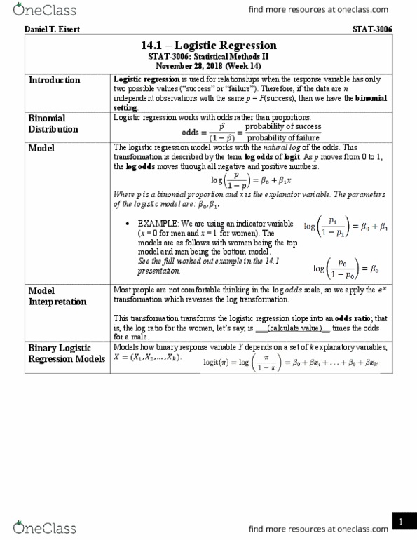 STAT 3006 Lecture Notes - Lecture 27: Logistic Regression, Odds Ratio, Dependent And Independent Variables thumbnail