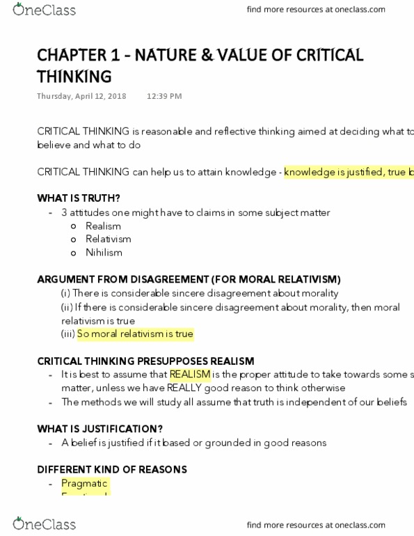 SSH 105 Lecture Notes - Lecture 1: Moral Relativism, Relativism thumbnail