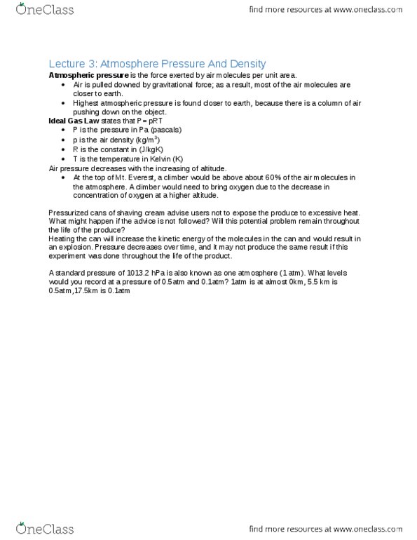 ENVIRSC 1A03 Lecture Notes - Lecture 3: Shaving Cream, Ideal Gas Law, Atmospheric Pressure thumbnail