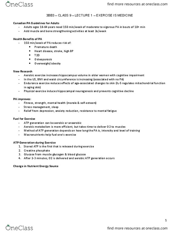 HTHSCI 3BB3 Lecture Notes - Lecture 9: Phosphocreatine, Aerobic Exercise, Interleukin 5 thumbnail