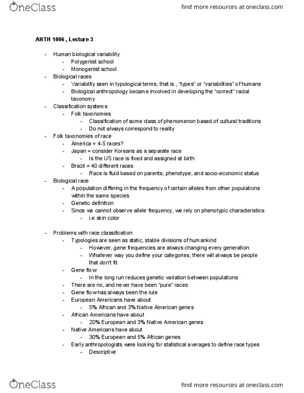 ANTH 1006 Lecture Notes - Lecture 3: Folk Taxonomy, Biological Anthropology, Gene Flow thumbnail