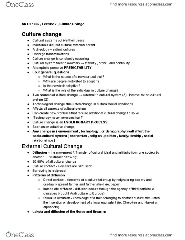 ANTH 1006 Lecture Notes - Lecture 7: Cultural System, Culture Change, Arab Culture thumbnail