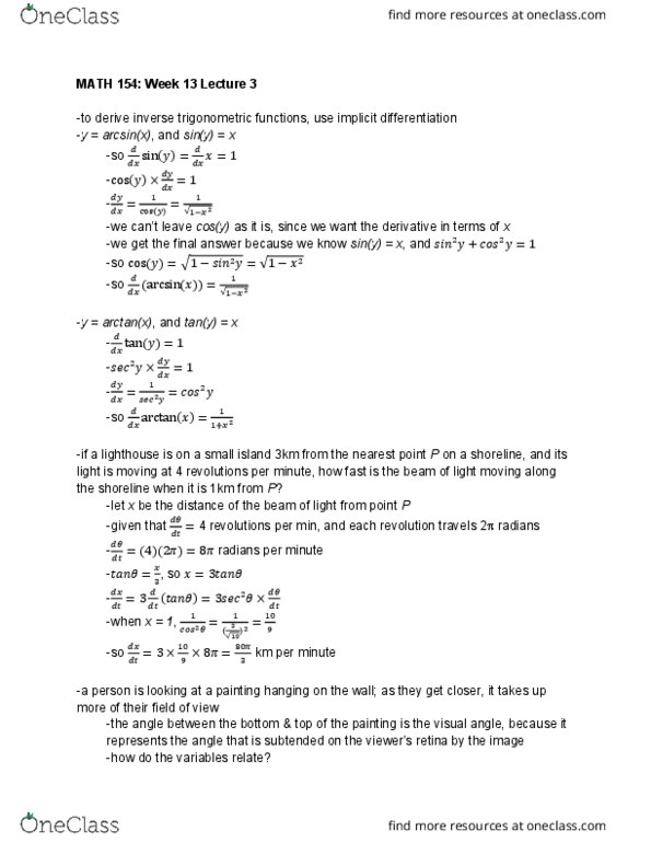 MATH 154 Lecture Notes - Lecture 38: Inverse Trigonometric Functions, Visual Angle, Implicit Function cover image