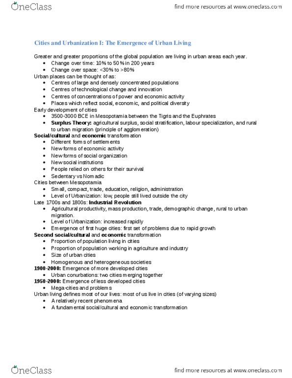 GEOG 1HB3 Lecture Notes - Agricultural Productivity, Megacity, Division Of Labour thumbnail