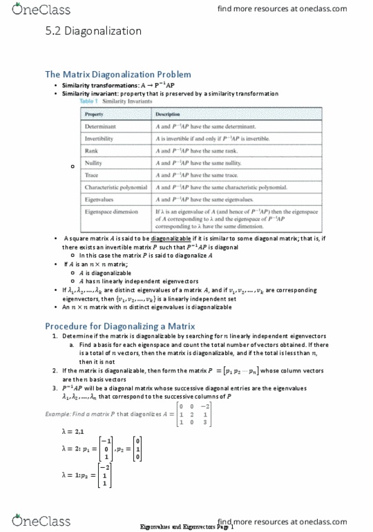 Applied Mathematics 1411A/B Chapter Notes - Chapter 5.2: Diagonal Matrix, Diagonalizable Matrix thumbnail