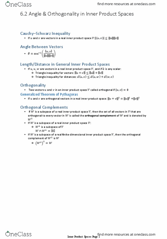 Applied Mathematics 1411A/B Chapter Notes - Chapter 6.2: Orthogonal Complement, Triangle Inequality thumbnail