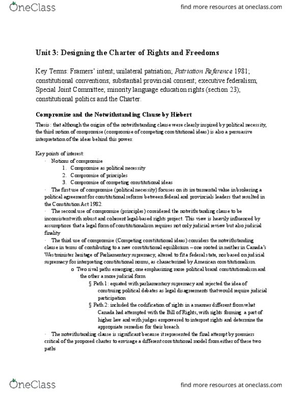 POLI 324 Lecture Notes - Lecture 3: Section 33 Of The Canadian Charter Of Rights And Freedoms, Parliamentary Sovereignty, Patriation Reference thumbnail