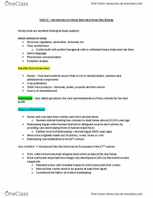 ENVS 2210 Lecture Notes - Lecture 1: L. L. Langstroth, Western Honey Bee, Apitoxin thumbnail