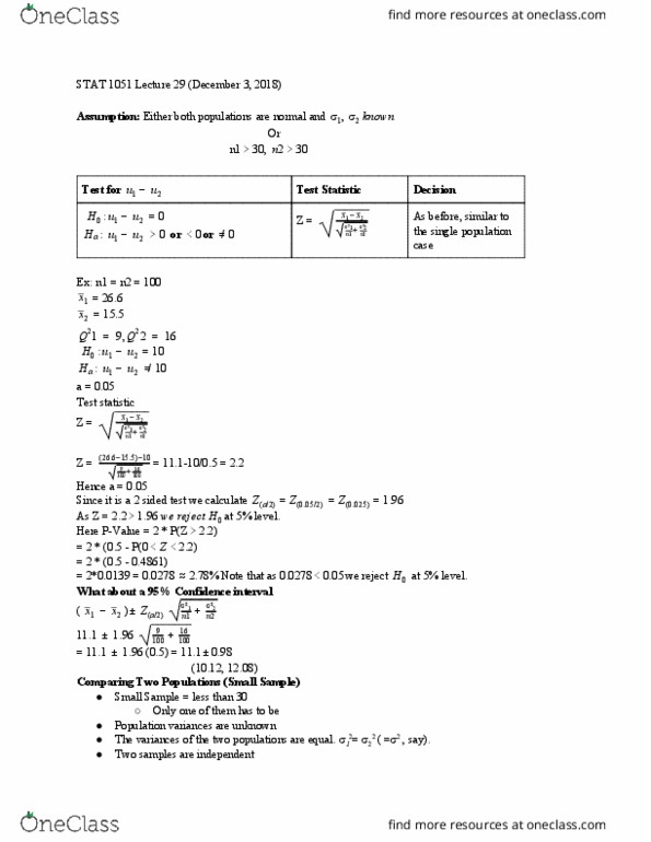 STAT 1051 Lecture Notes - Lecture 29: Confidence Interval, Test Statistic, Null Hypothesis thumbnail