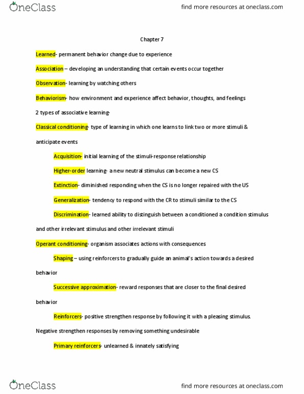 PSYC100 Lecture Notes - Lecture 11: Classical Conditioning, Operant Conditioning, Behaviorism thumbnail