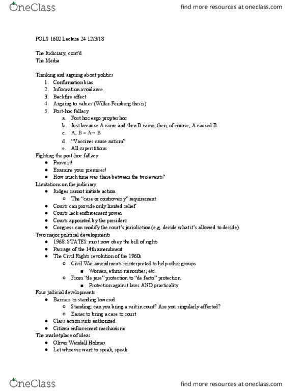 POLS 1602 Lecture Notes - Lecture 24: Post Hoc Ergo Propter Hoc, Fourteenth Amendment To The United States Constitution, De Jure thumbnail