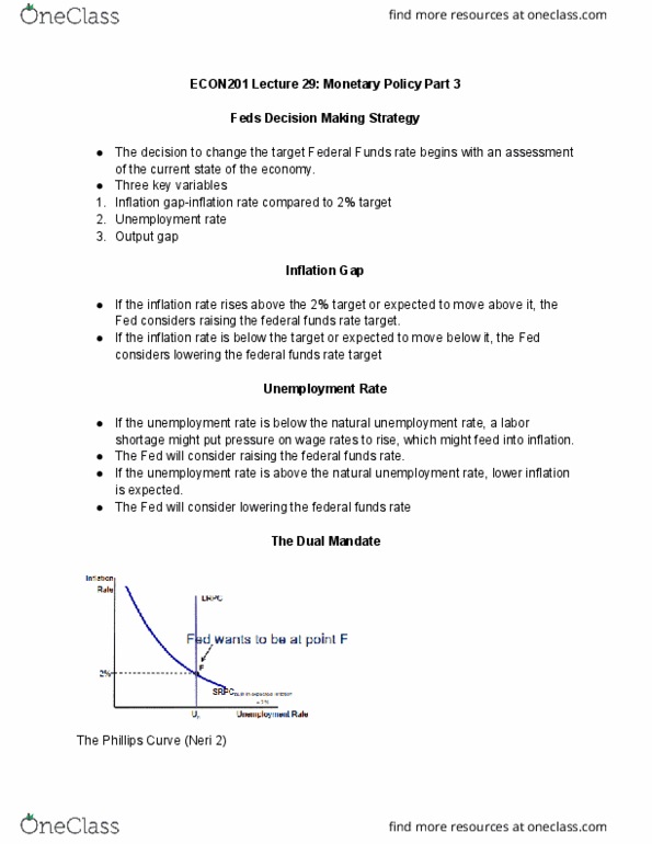 ECON 201 Lecture Notes - Lecture 29: Federal Funds Rate, Phillips Curve, Output Gap cover image