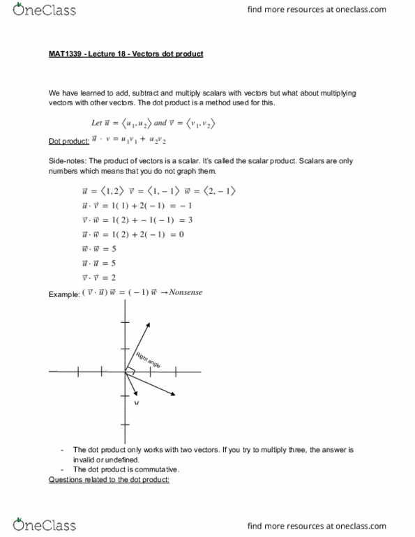 MAT 1339 Lecture Notes - Lecture 23: Dot Product, Unit Vector, Right Angle cover image