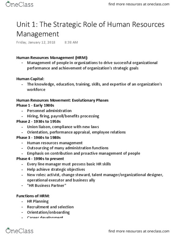 HRM200 Chapter Notes - Chapter 1: Human Resource Management, Performance Appraisal, Career Development thumbnail