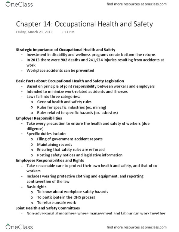 HRM200 Chapter Notes - Chapter 14: Occupational Safety And Health, Espn Bottomline, Posttraumatic Stress Disorder thumbnail