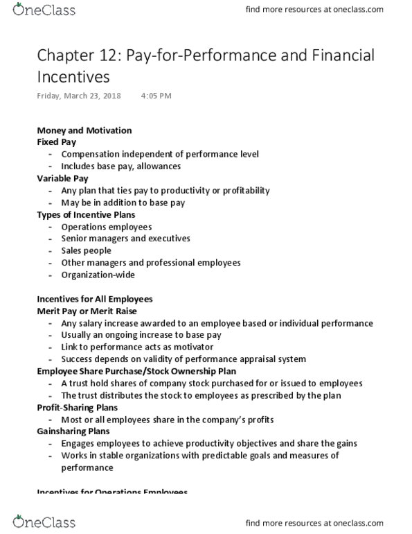 HRM200 Chapter Notes - Chapter 12: Merit Pay, Performance Appraisal, Piece Work thumbnail