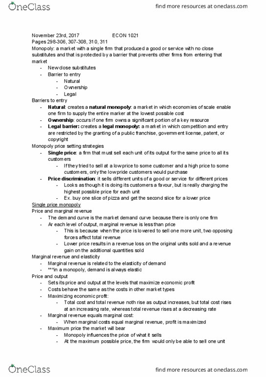 Economics 1021A/B Chapter Notes - Chapter 13: Monopoly Price, Marginal Revenue, Natural Monopoly thumbnail