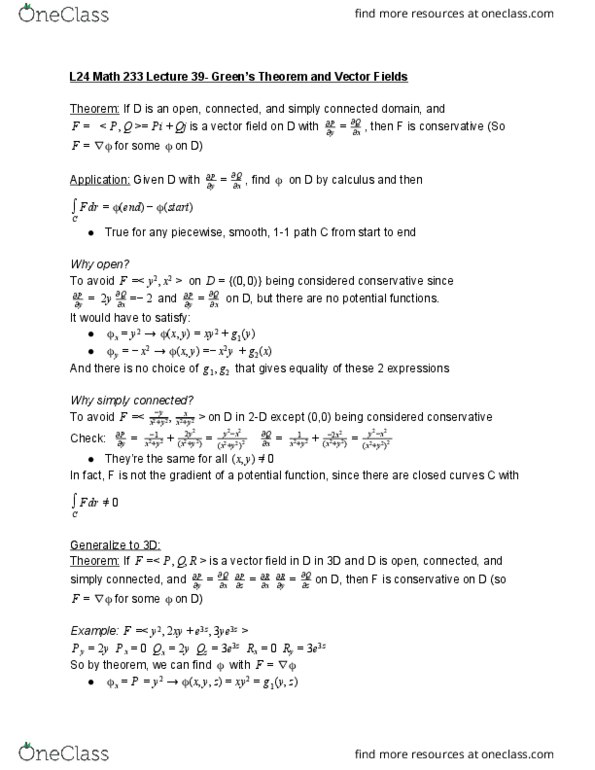 L24 Math 233 Lecture Notes - Lecture 42: Simply Connected Space, Curve, Nissan L Engine cover image