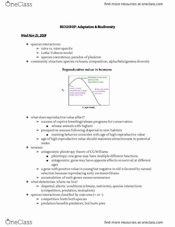 BIO120H1 Lecture Notes - Lecture 19: Antagonistic Pleiotropy Hypothesis, Interspecific Competition, Pleiotropy thumbnail