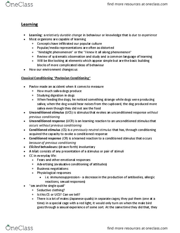 PSYC 1010 Lecture Notes - Lecture 7: Classical Conditioning, Immunosuppression, Observational Learning thumbnail