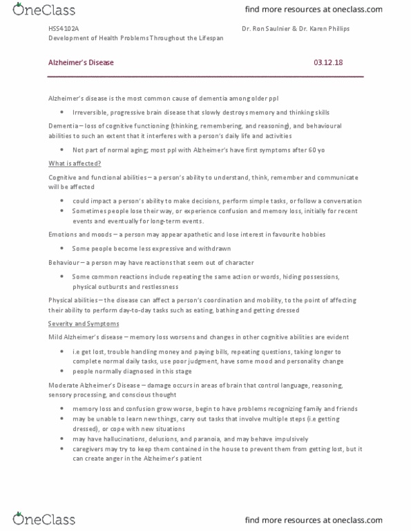 HSS 4102 Lecture Notes - Lecture 17: Dementia, Blood Sugar, Tau Protein thumbnail