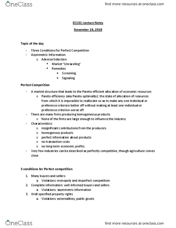 CAS EC 101 Lecture Notes - Lecture 36: Pareto Efficiency, Imperfect Competition, Perfect Competition cover image