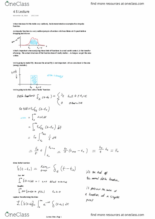 Applied Mathematics 2270A/B Lecture Notes - Lecture 23: Dirac Delta Function, Step Function thumbnail