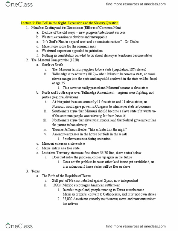 HIST 2112 Lecture Notes - Lecture 13: Tallmadge Amendment, Missouri Compromise, James K. Polk thumbnail