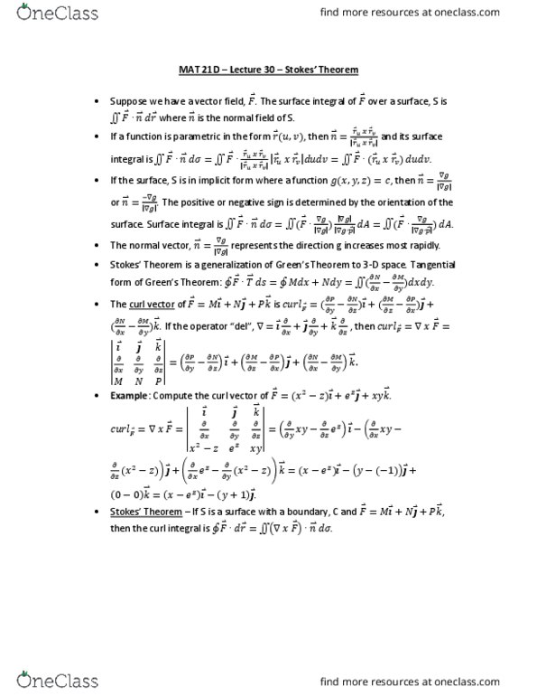 MAT 21D Lecture Notes - Lecture 30: Surface Integral, Cross Product cover image