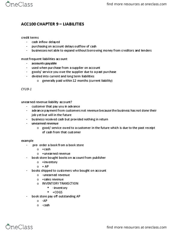 ACC 100 Chapter Notes - Chapter 9: Accounts Payable, Current Liability, Financial Statement thumbnail