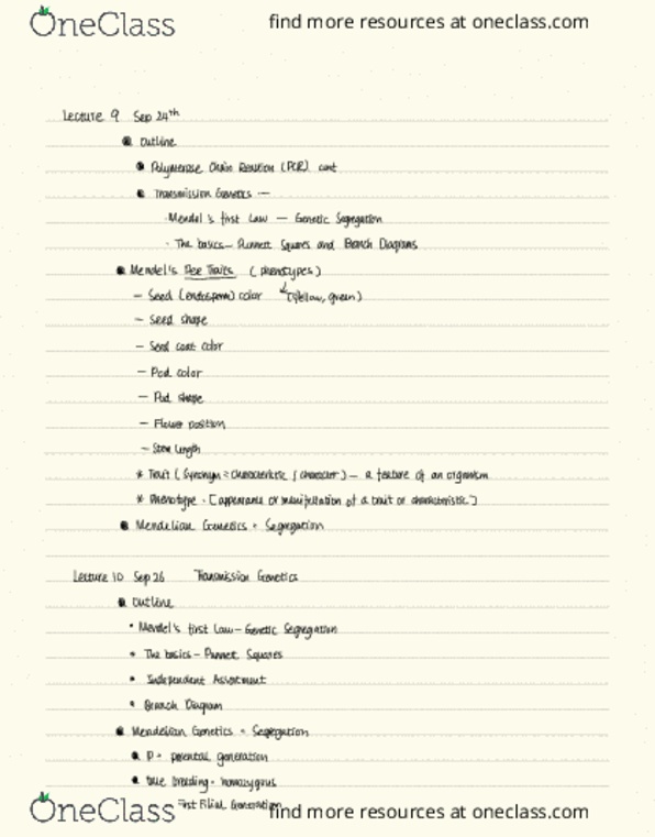 BIOLOGY 283 Lecture Notes - Lecture 9: Punnett Square, Mendelian Inheritance, Endosperm thumbnail