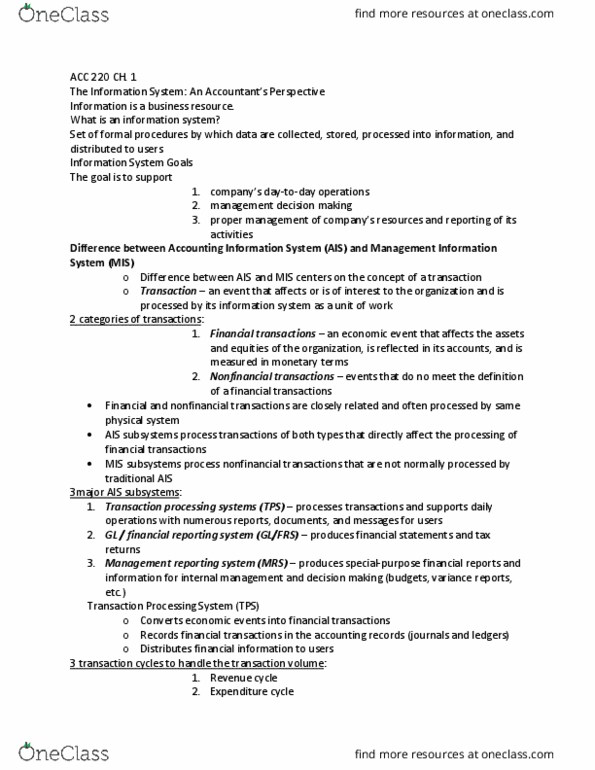 ACC 220 Lecture Notes - Lecture 1: Transaction Processing, Financial Statement thumbnail