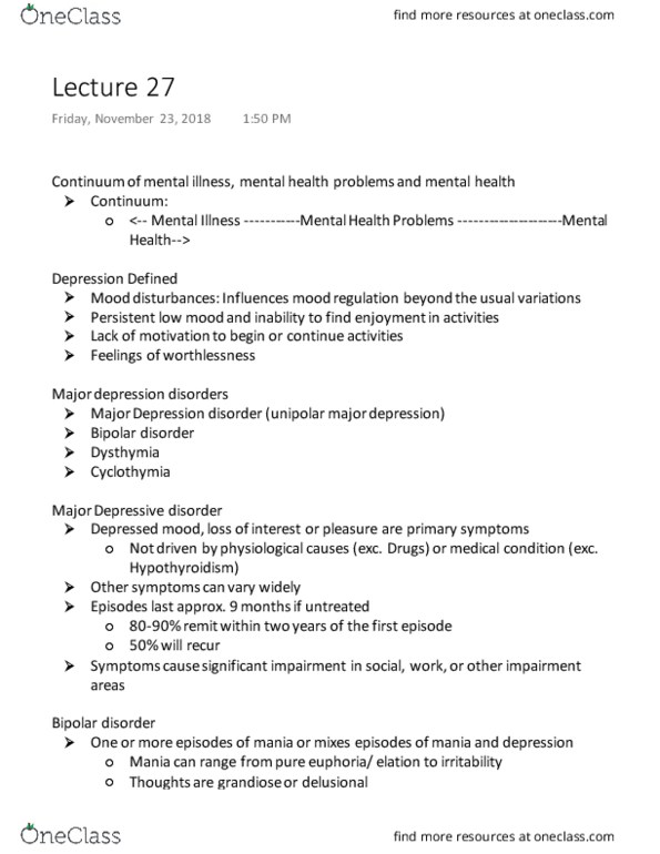 Kinesiology 2276F/G Lecture Notes - Lecture 27: Bipolar Disorder, Cyclothymia, Mental Disorder thumbnail