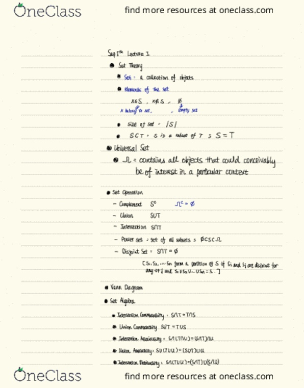 COMPSCI 240 Lecture Notes - Lecture 1: Venn Diagram, Disjoint Sets, Commutative Property thumbnail