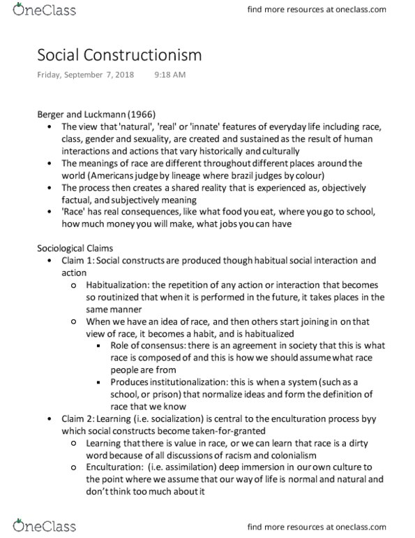 SOCIOL 2JJ3 Lecture Notes - Lecture 2: Social Constructionism, Enculturation, Ethnocentrism thumbnail