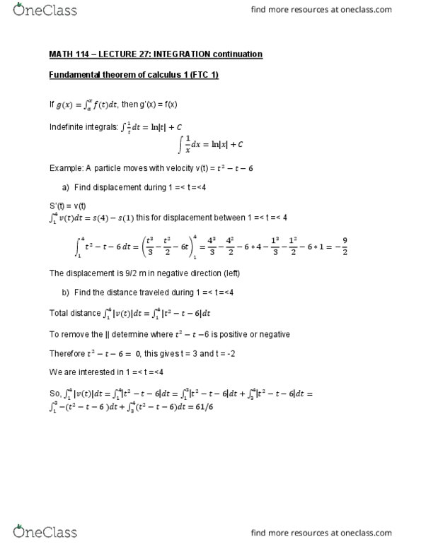 MATH114 Lecture 27: MATH 114 Lecture 27 INTEGRATION continuation thumbnail