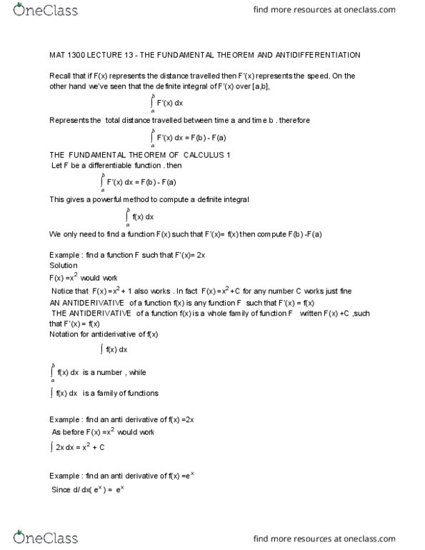 MAT 1300 Lecture 13: MAT 1300 LECTURE 13 - THE FUNDAMENTAL THEOREM AND ANTIDIFFERENTIATION cover image