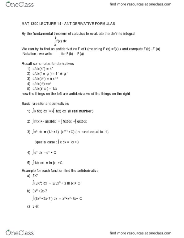 MAT 1300 Lecture Notes - Lecture 14: Antiderivative cover image