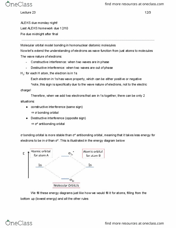 CHEM 1A Lecture Notes - Lecture 23: Homonuclear Molecule, Antibonding Molecular Orbital, Noble Gas cover image