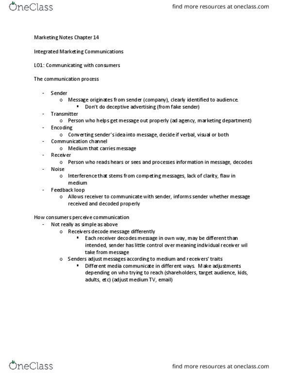 BU352 Chapter Notes - Chapter 14: Integrated Marketing Communications, Feedback, Channel (Communications) thumbnail