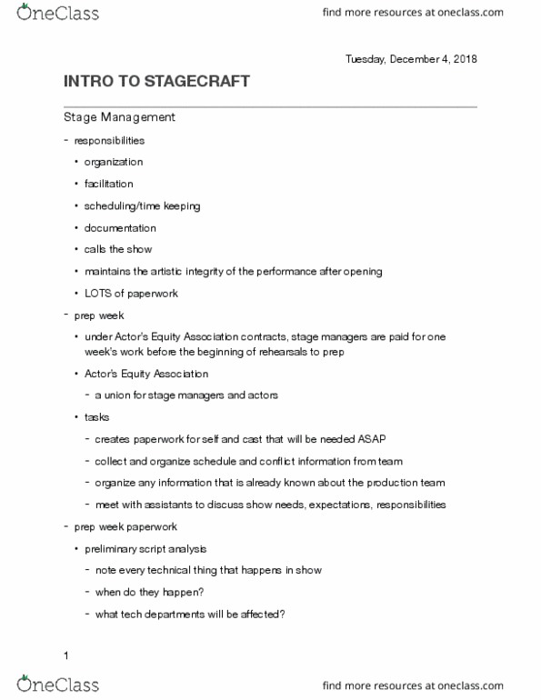 THE 120 Lecture Notes - Lecture 14: Prompt Book, Federal Holidays In The United States, Lighting Control Console thumbnail