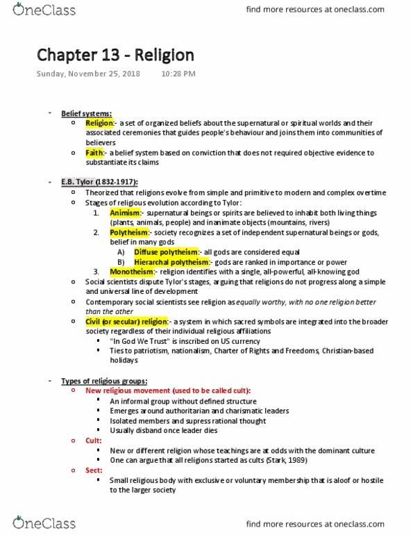 SOCIOL 1Z03 Lecture Notes - Lecture 13: New Religious Movement, Edward Burnett Tylor, Polytheism thumbnail