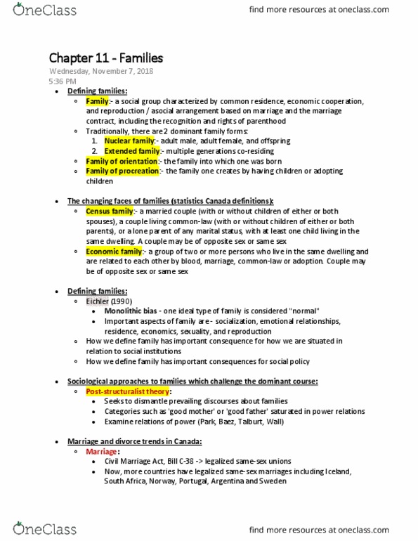 SOCIOL 1Z03 Lecture Notes - Lecture 11: Civil Marriage Act, Nuclear Family, Post-Structuralism thumbnail