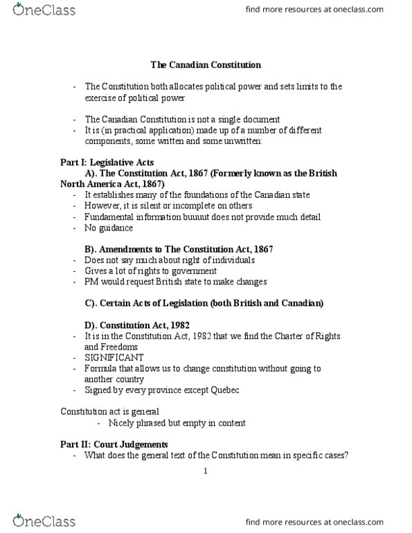 POLSCI 1AA3 Lecture Notes - Lecture 10: Pierre Trudeau, Unanimous Consent, Patriation Reference thumbnail